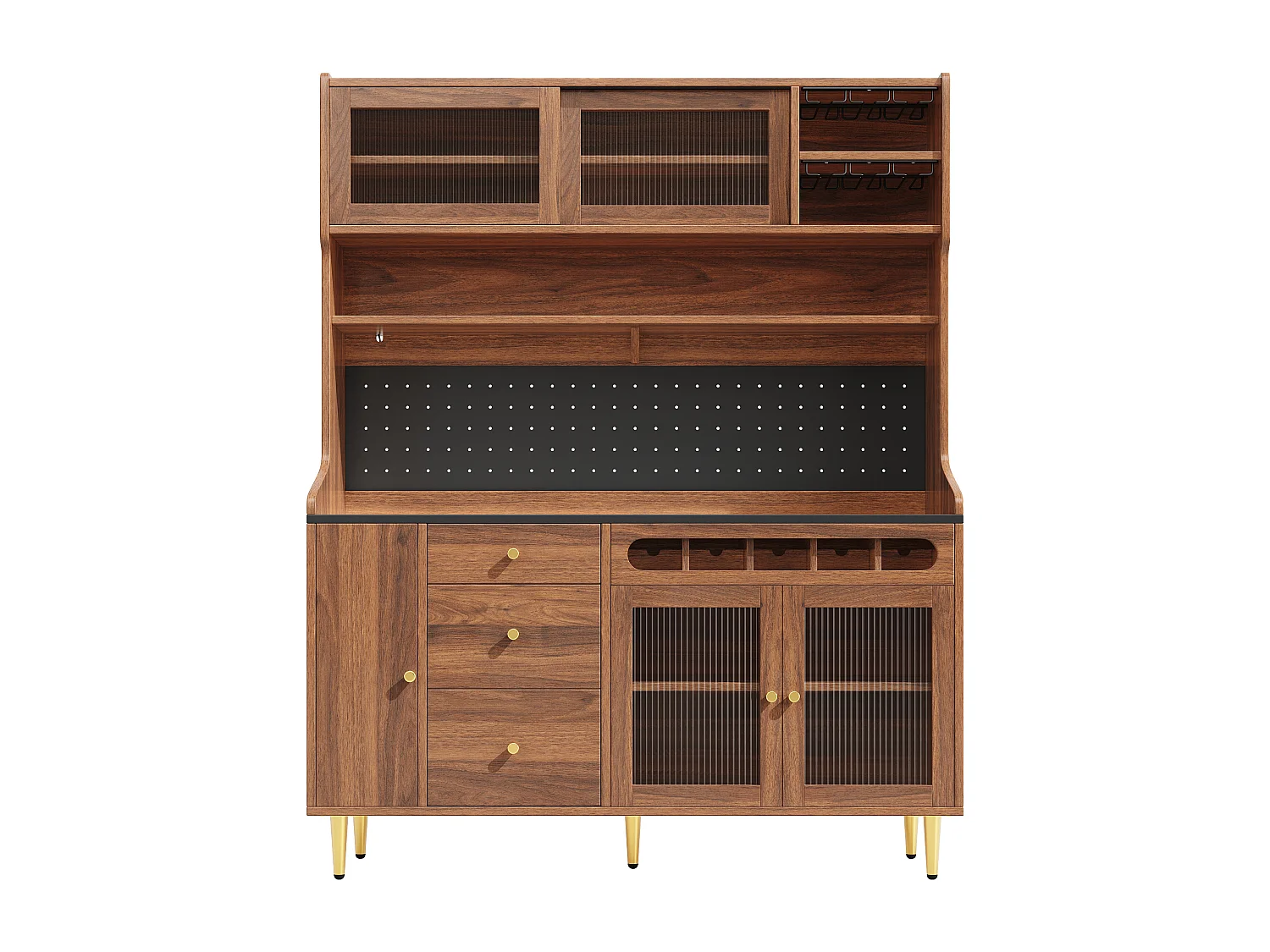 Keukendressoir met ledverlichting, 4 deuren, 3 lades en wijnrek - Walnootkleur