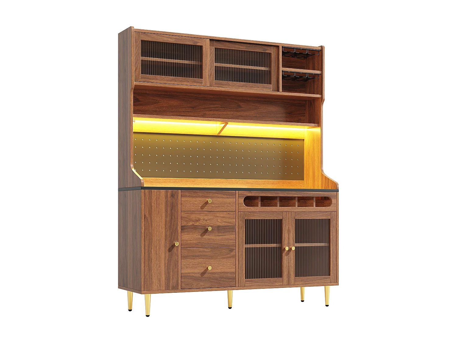 Keukendressoir met ledverlichting, 4 deuren, 3 lades en wijnrek - Walnootkleur