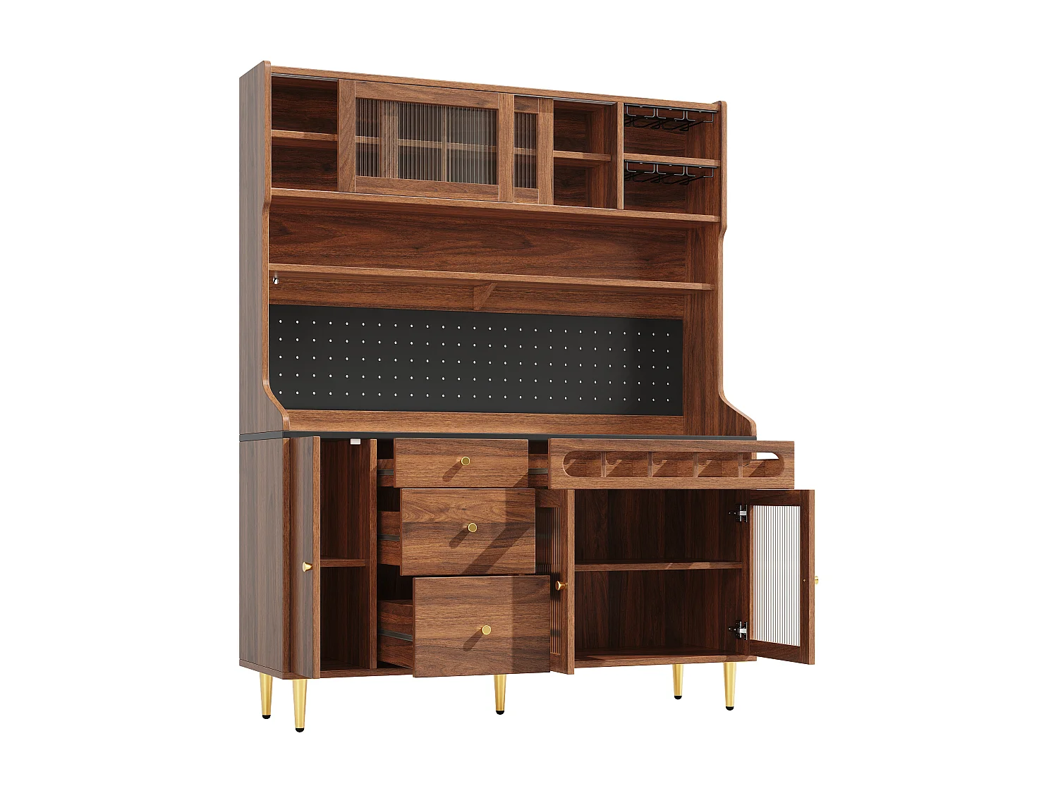Keukendressoir met ledverlichting, 4 deuren, 3 lades en wijnrek - Walnootkleur