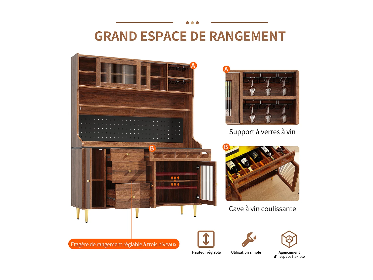 Keukendressoir met ledverlichting, 4 deuren, 3 lades en wijnrek - Walnootkleur