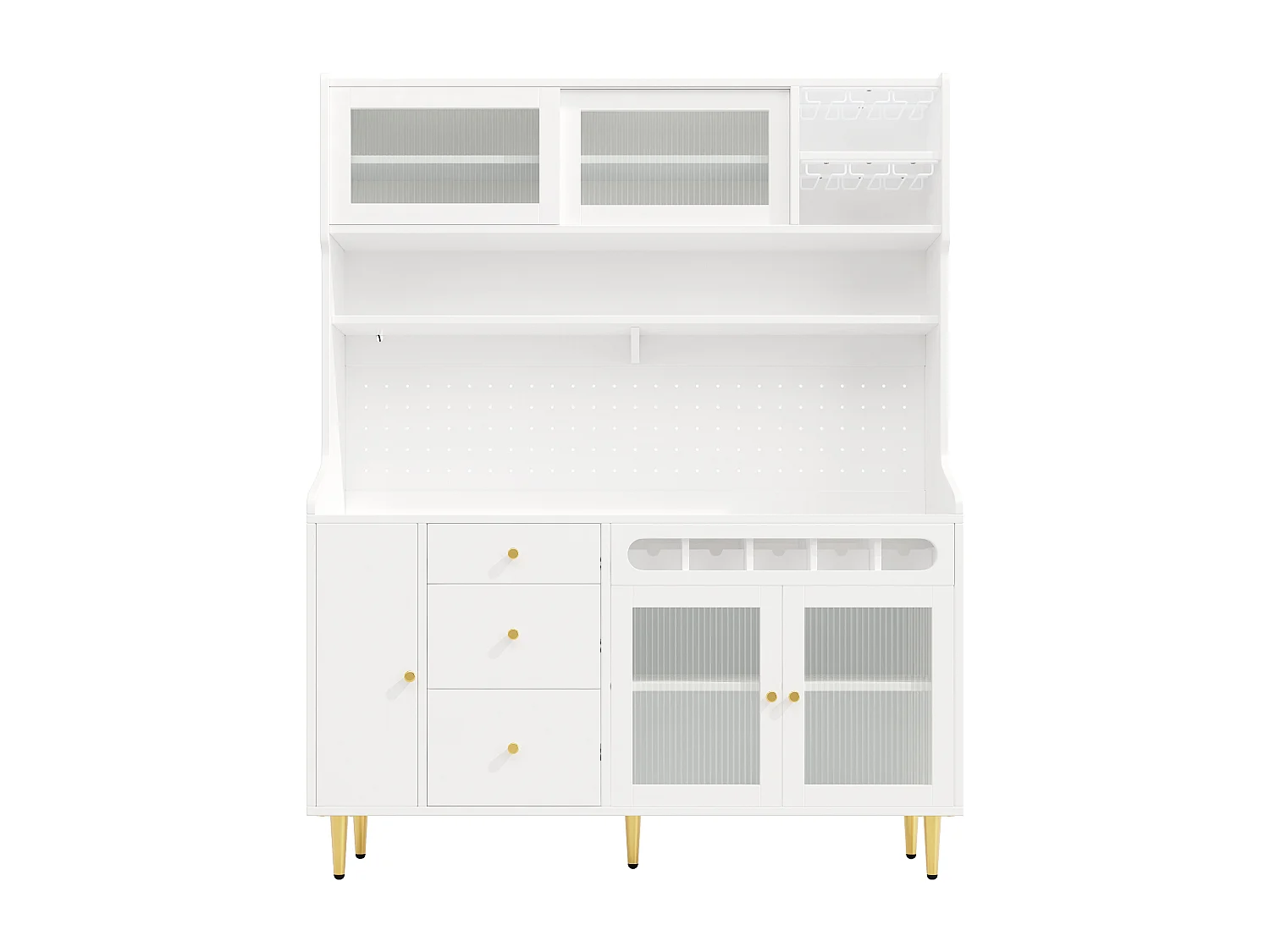 Keukendressoir met ledverlichting, 4 deuren, 3 lades en wijnrek - Wit