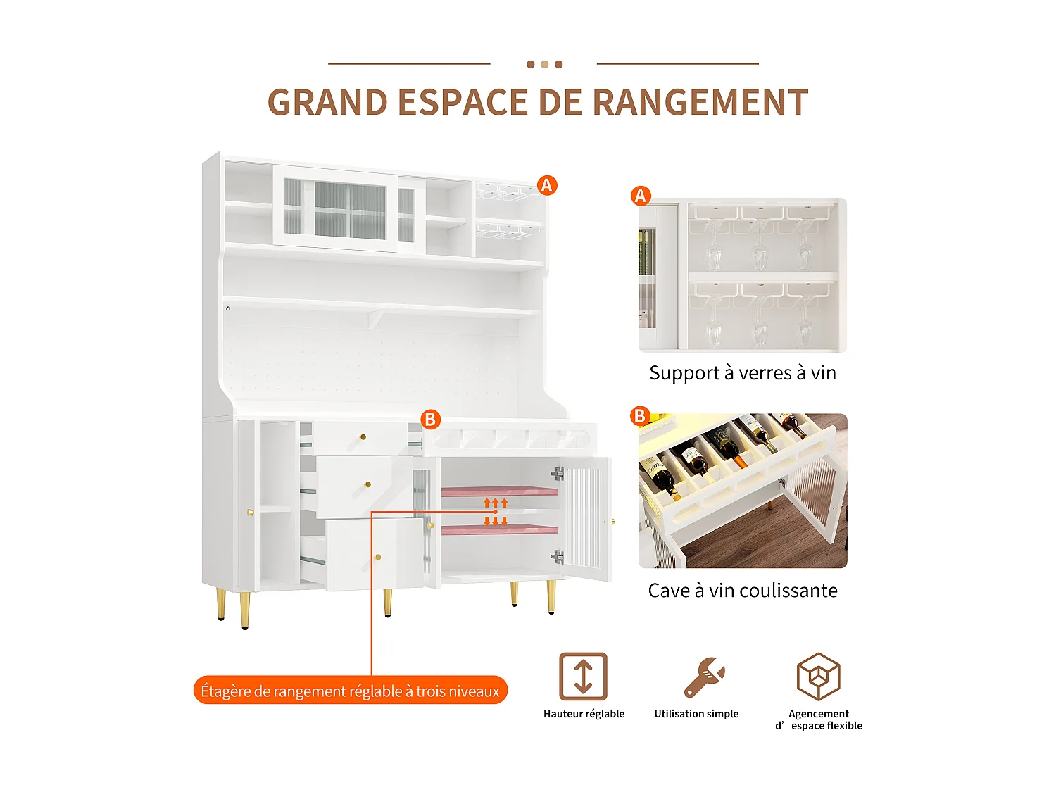 Keukendressoir met ledverlichting, 4 deuren, 3 lades en wijnrek - Wit