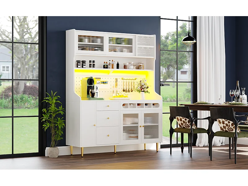 Keukendressoir met ledverlichting, 4 deuren, 3 lades en wijnrek - Wit