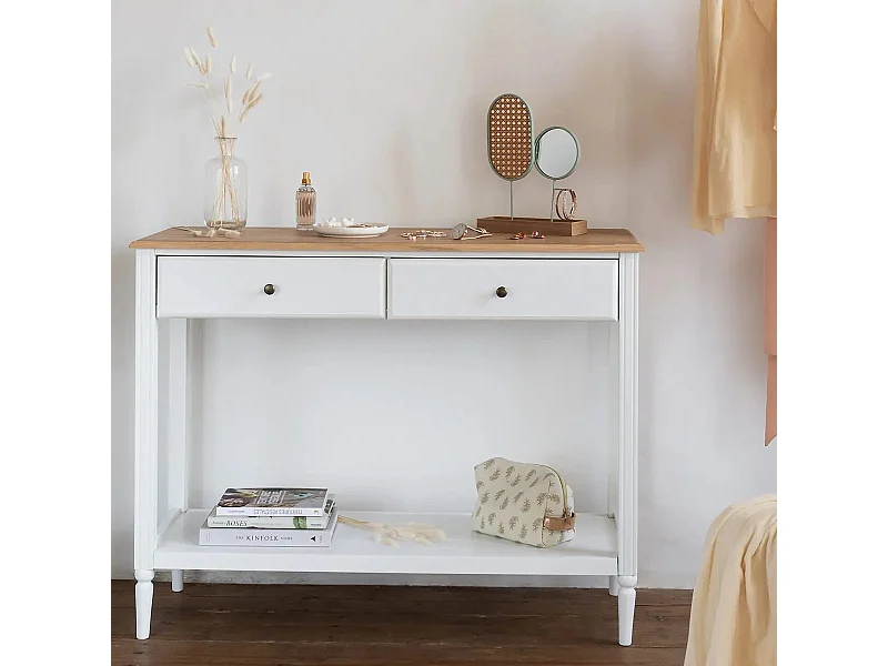 Meuble d'entrée Console 2 tiroirs coloris blanc et bois - Longueur 110 x Profondeur 40 x Hauteur 85cm