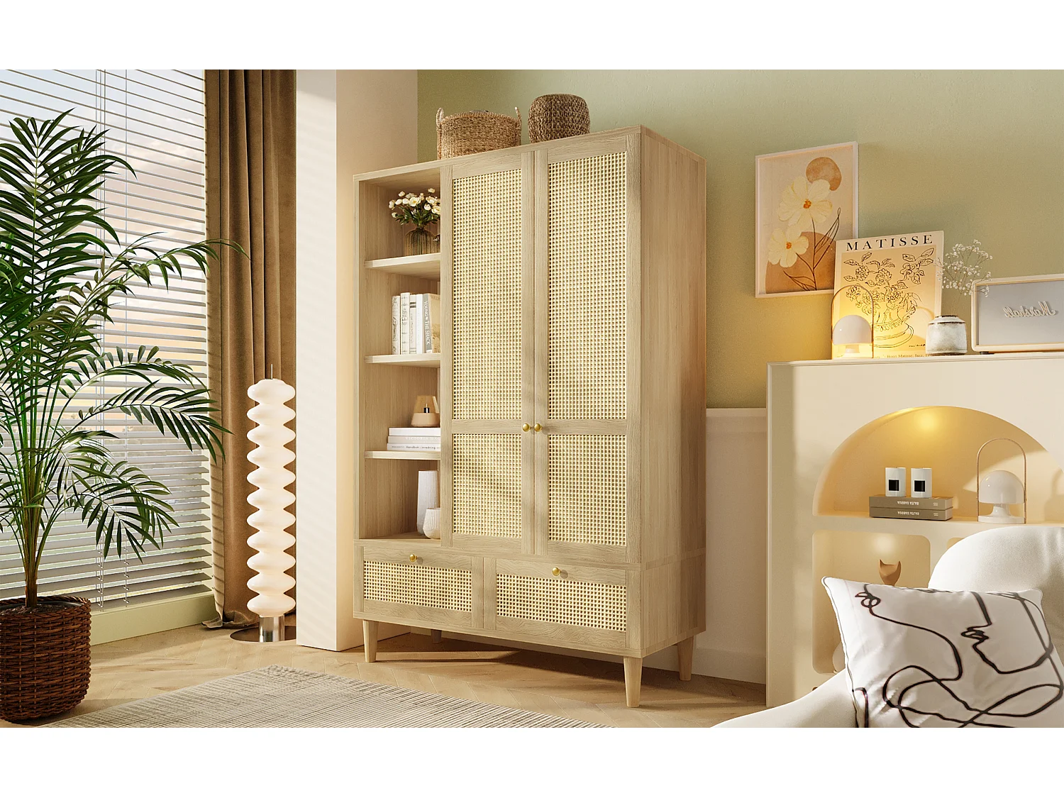 Armoire penderie 120x50x180 cm avec 2 portes, 2 tiroirs et étagères - Naturel clair