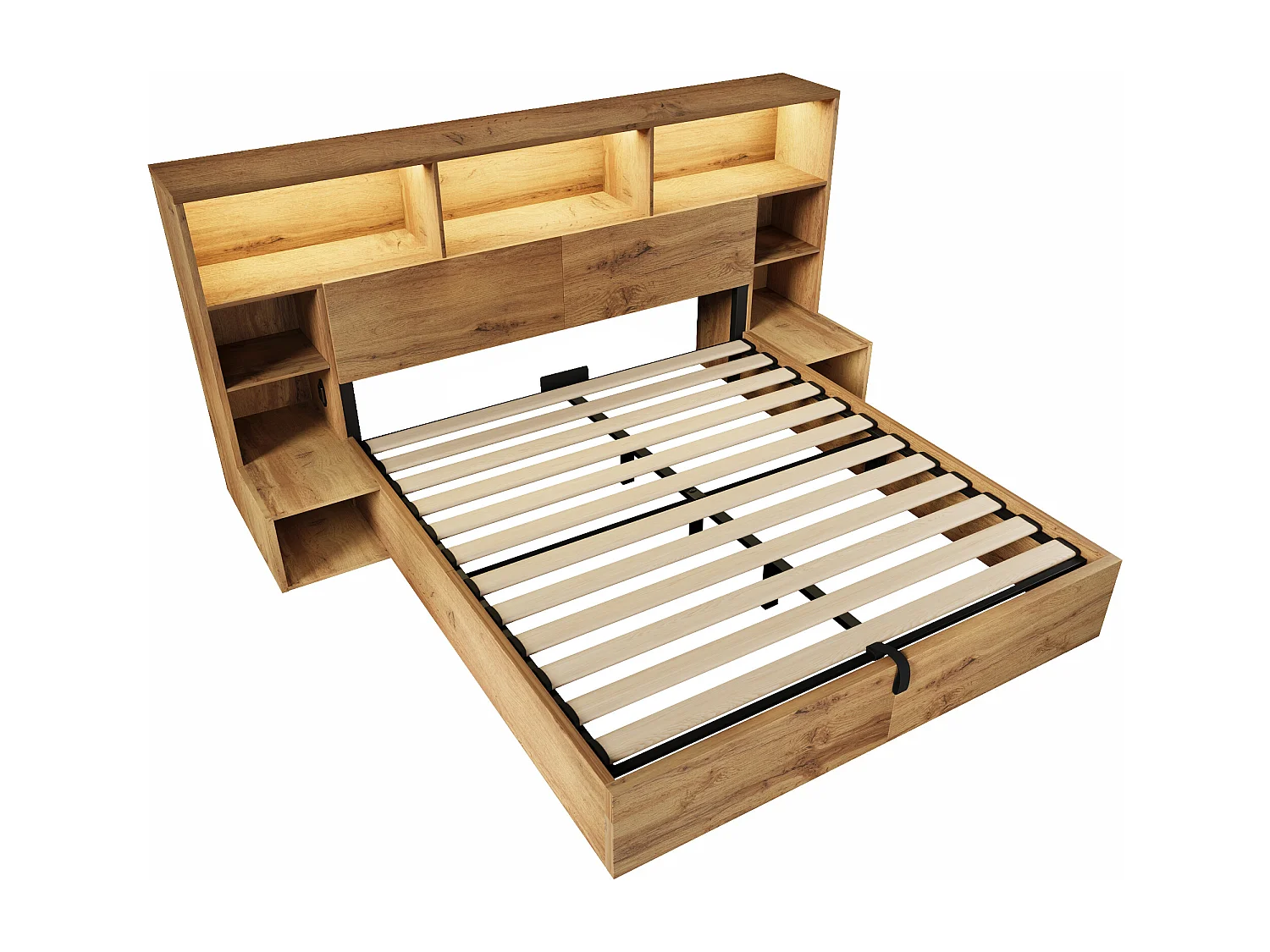 Lit double coffre 160x200 cm avec tables de chevet intégrées ,LED, ports USB/Type-C - Couleur bois