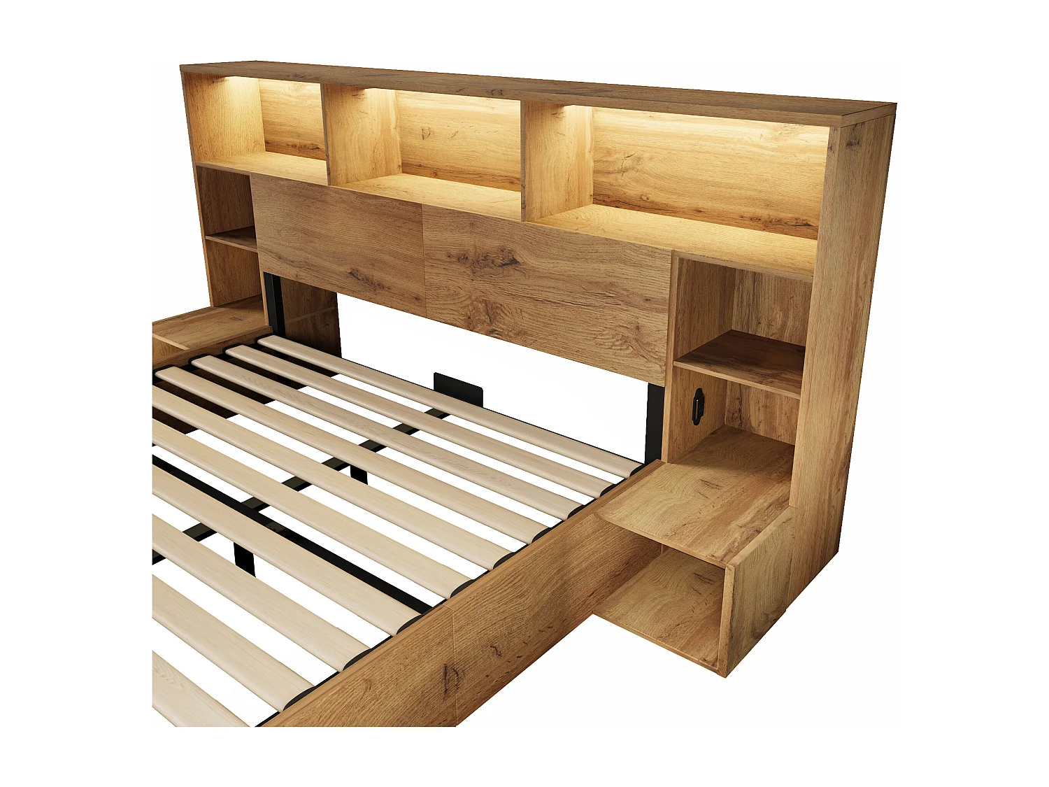 Lit double coffre 160x200 cm avec tables de chevet intégrées ,LED, ports USB/Type-C - Couleur bois