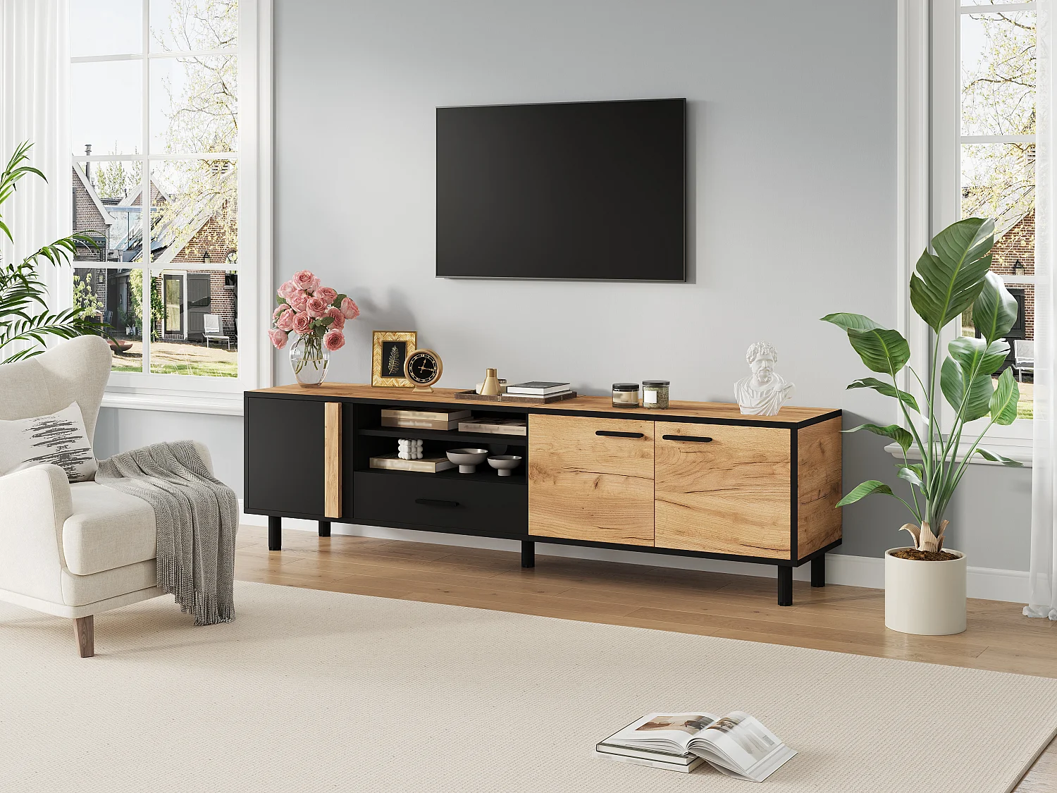 Meuble TV 180x32,5x50 cm avec 3 portes et tiroir - Couleur bois et noir