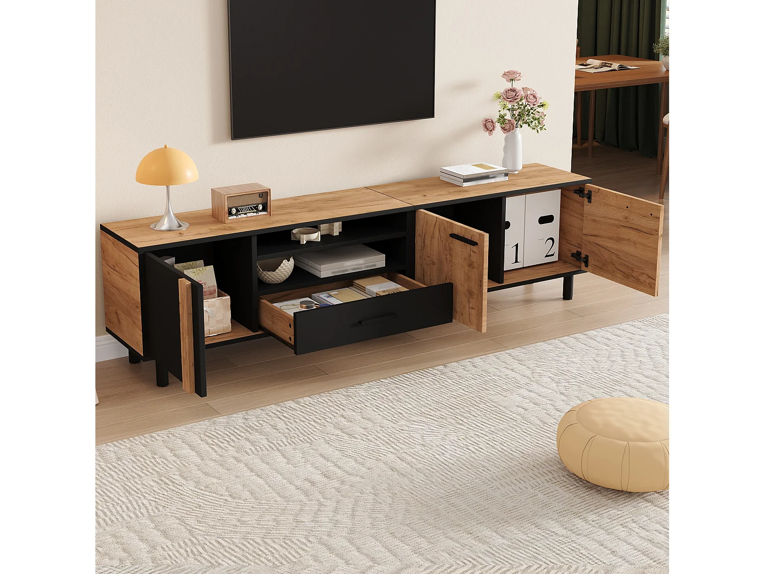 Meuble TV 180x32,5x50 cm avec 3 portes et tiroir - Couleur bois et noir