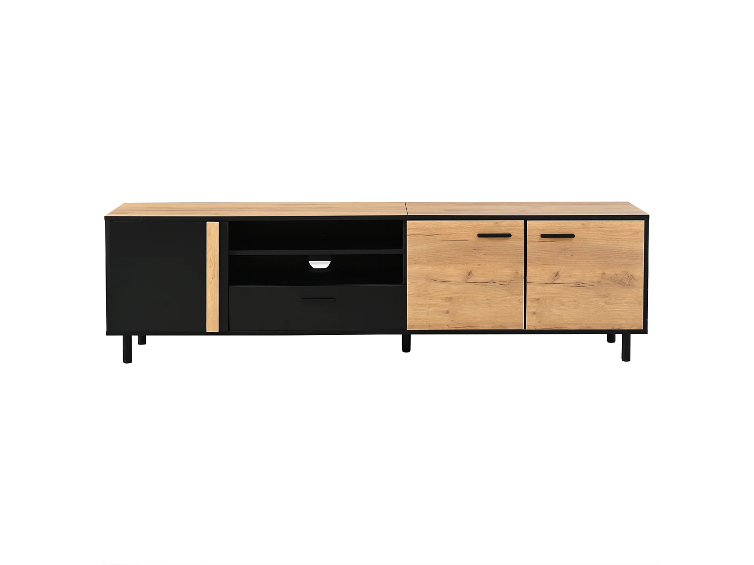 Meuble TV 180x32,5x50 cm avec 3 portes et tiroir - Couleur bois et noir
