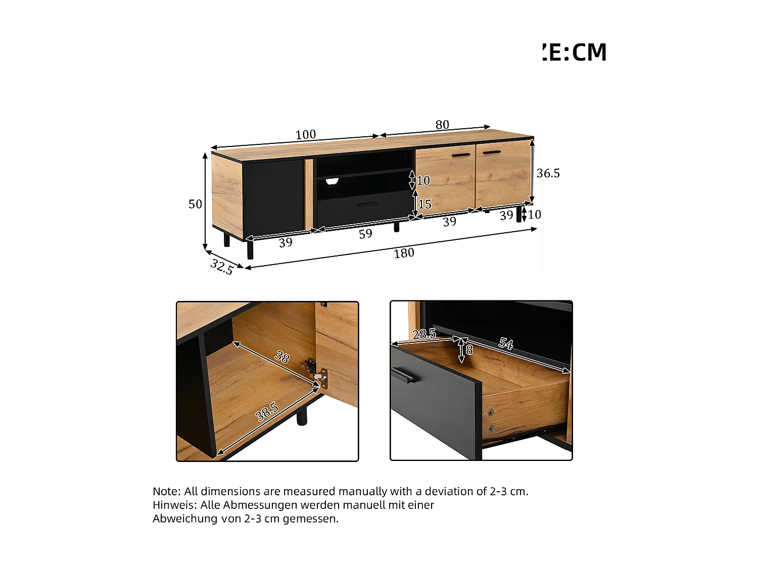 Meuble TV 180x32,5x50 cm avec 3 portes et tiroir - Couleur bois et noir