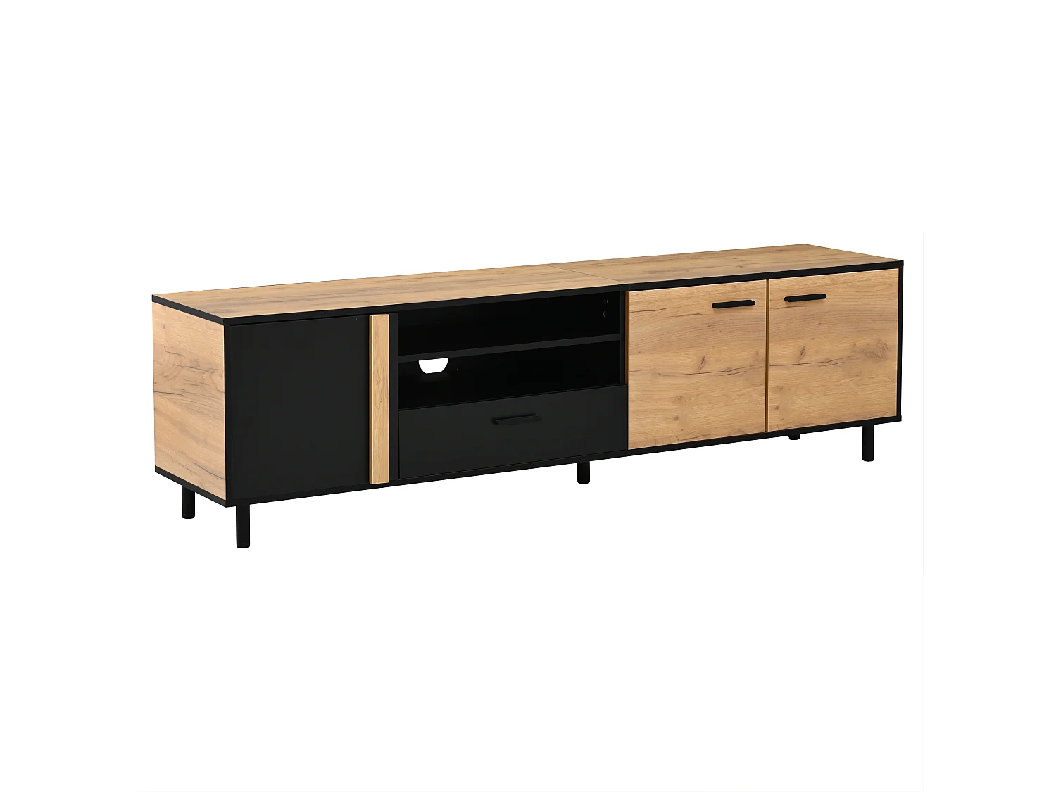Meuble TV 180x32,5x50 cm avec 3 portes et tiroir - Couleur bois et noir