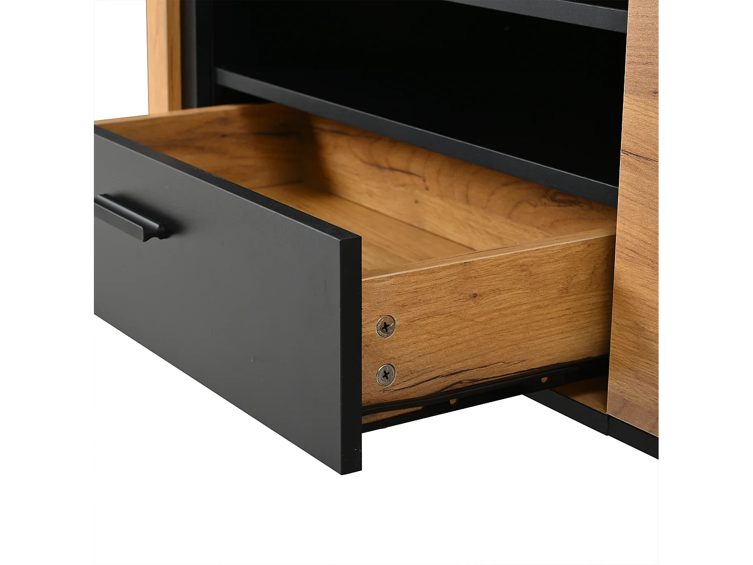 Meuble TV 180x32,5x50 cm avec 3 portes et tiroir - Couleur bois et noir