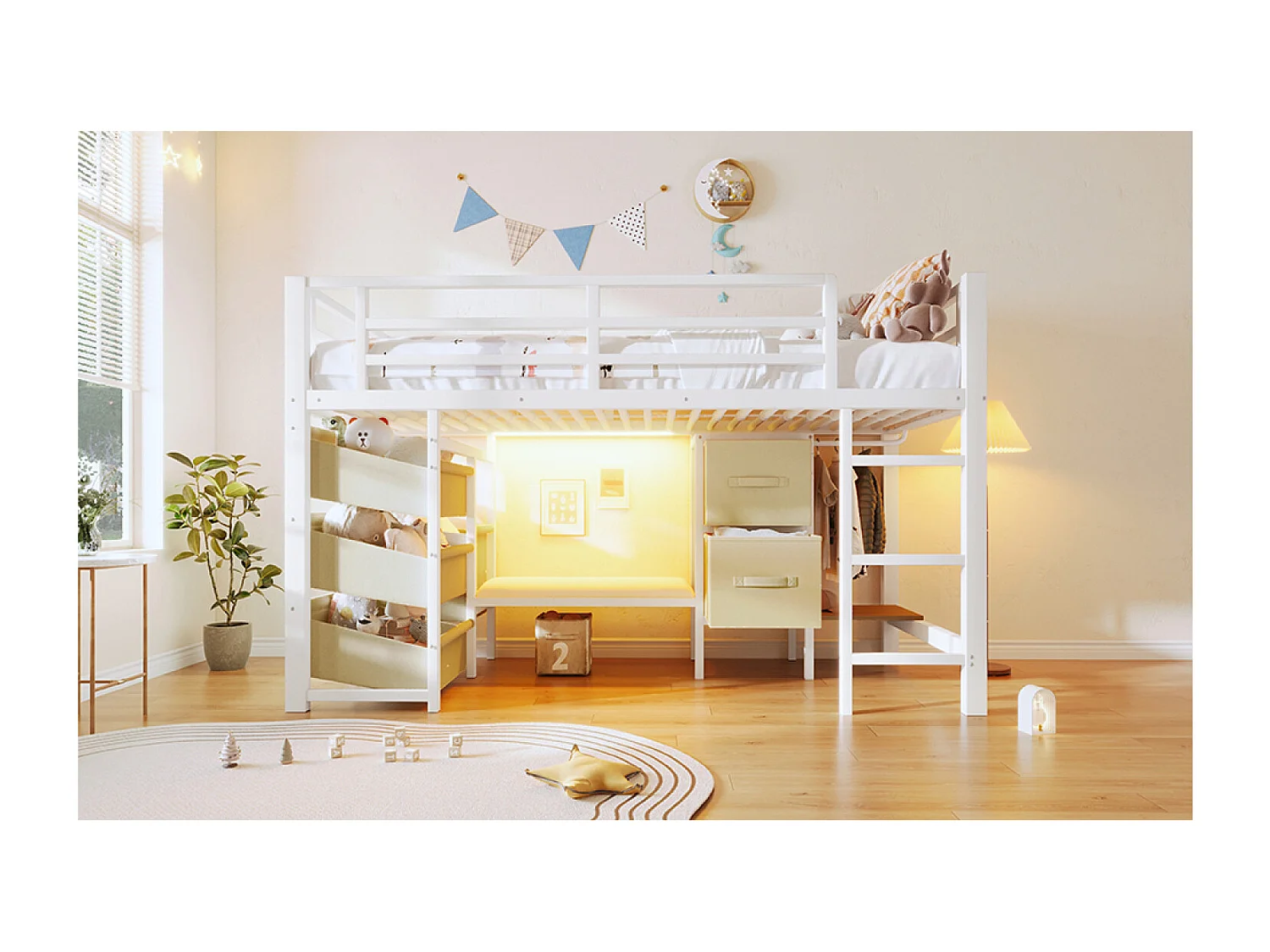 Lit mi-hauteur 90 x 200 cm avec coussin d'assise, tiroir en tissu et LED - Structure en métal - Blanc