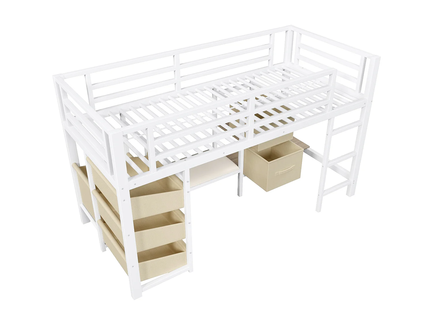 Lit mi-hauteur 90 x 200 cm avec coussin d'assise, tiroir en tissu et LED - Structure en métal - Blanc