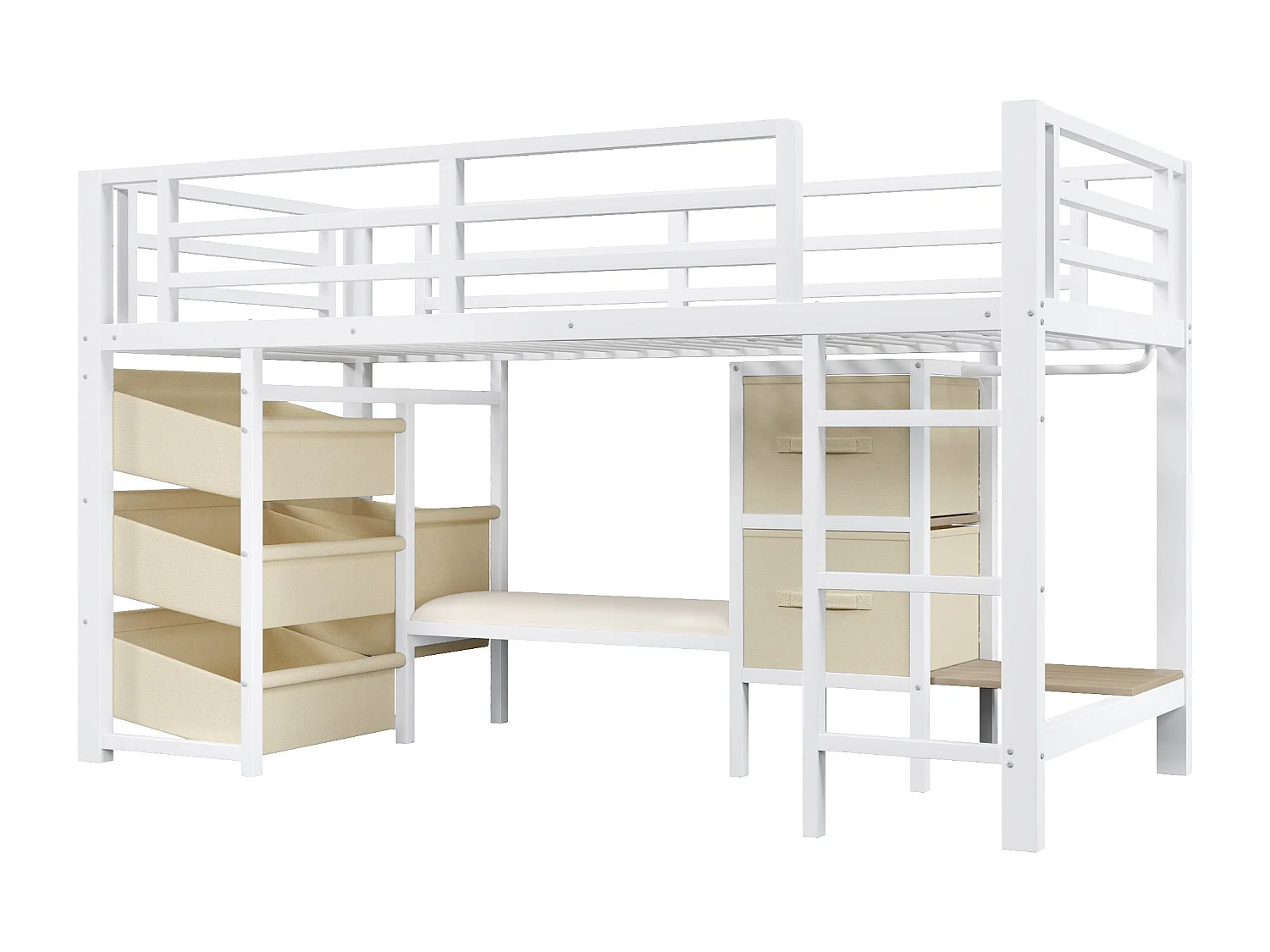 Lit mi-hauteur 90 x 200 cm avec coussin d'assise, tiroir en tissu et LED - Structure en métal - Blanc