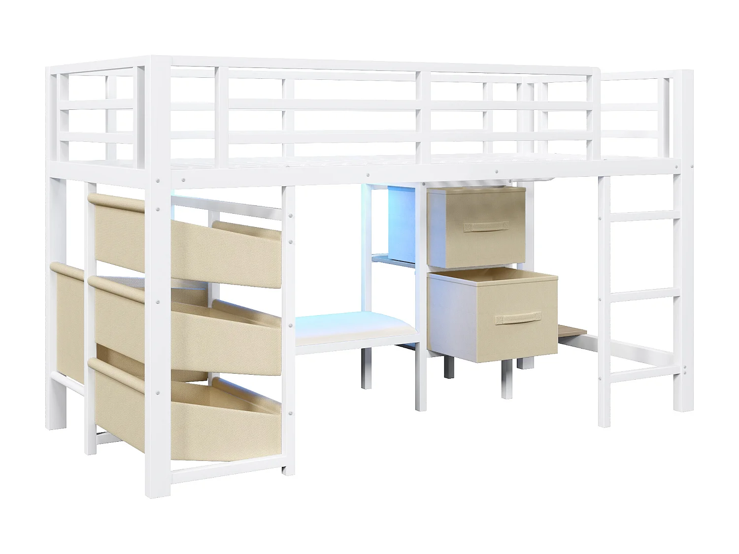 Lit mi-hauteur 90 x 200 cm avec coussin d'assise, tiroir en tissu et LED - Structure en métal - Blanc