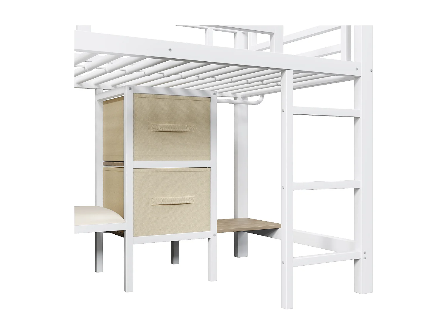 Lit mi-hauteur 90 x 200 cm avec coussin d'assise, tiroir en tissu et LED - Structure en métal - Blanc