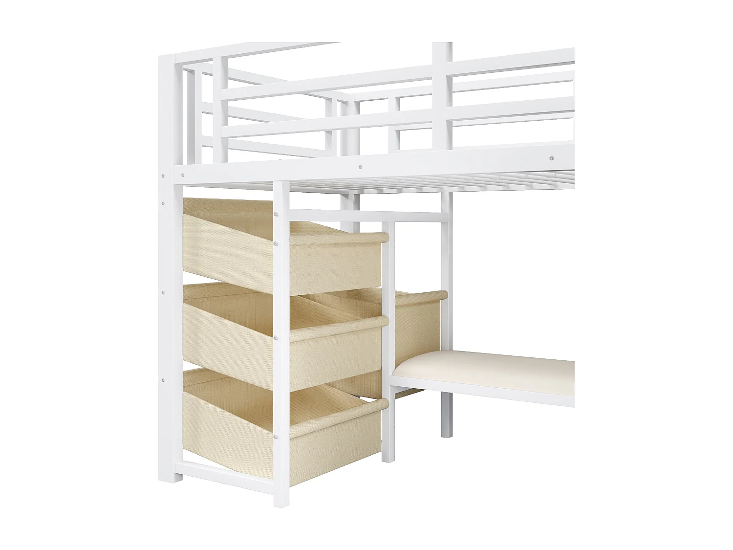 Lit mi-hauteur 90 x 200 cm avec coussin d'assise, tiroir en tissu et LED - Structure en métal - Blanc