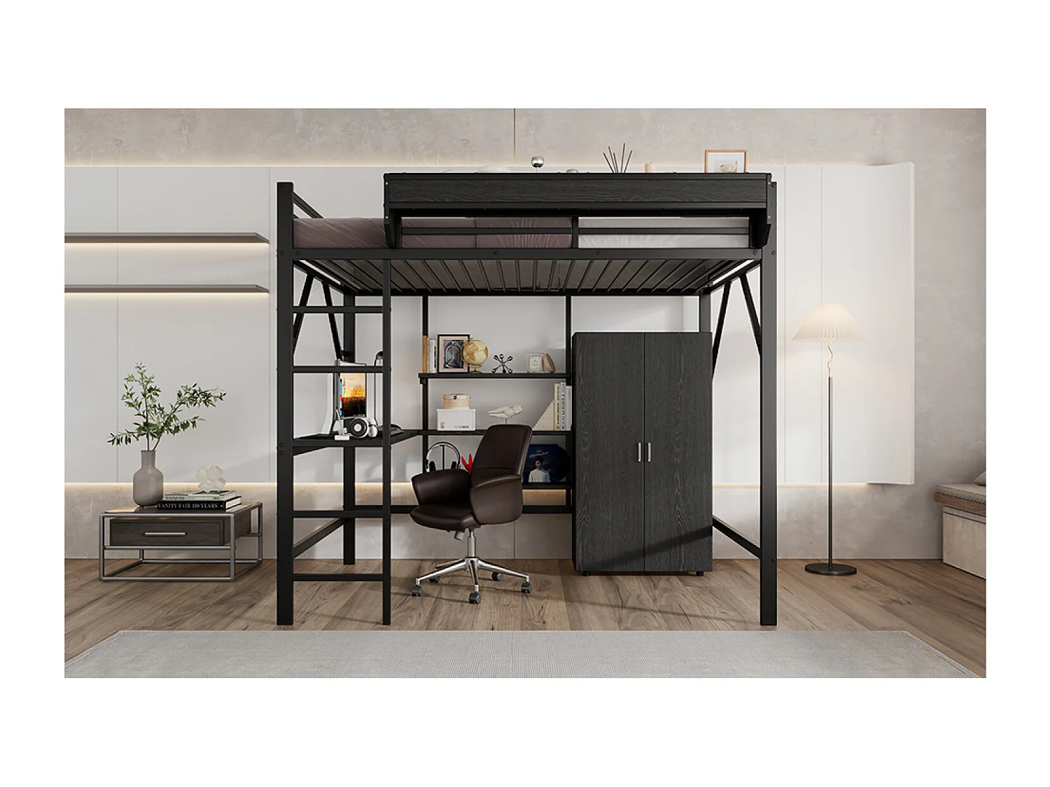 Lit mezzanine140x200 cm avec bureau et armoire - MDF + métal noir