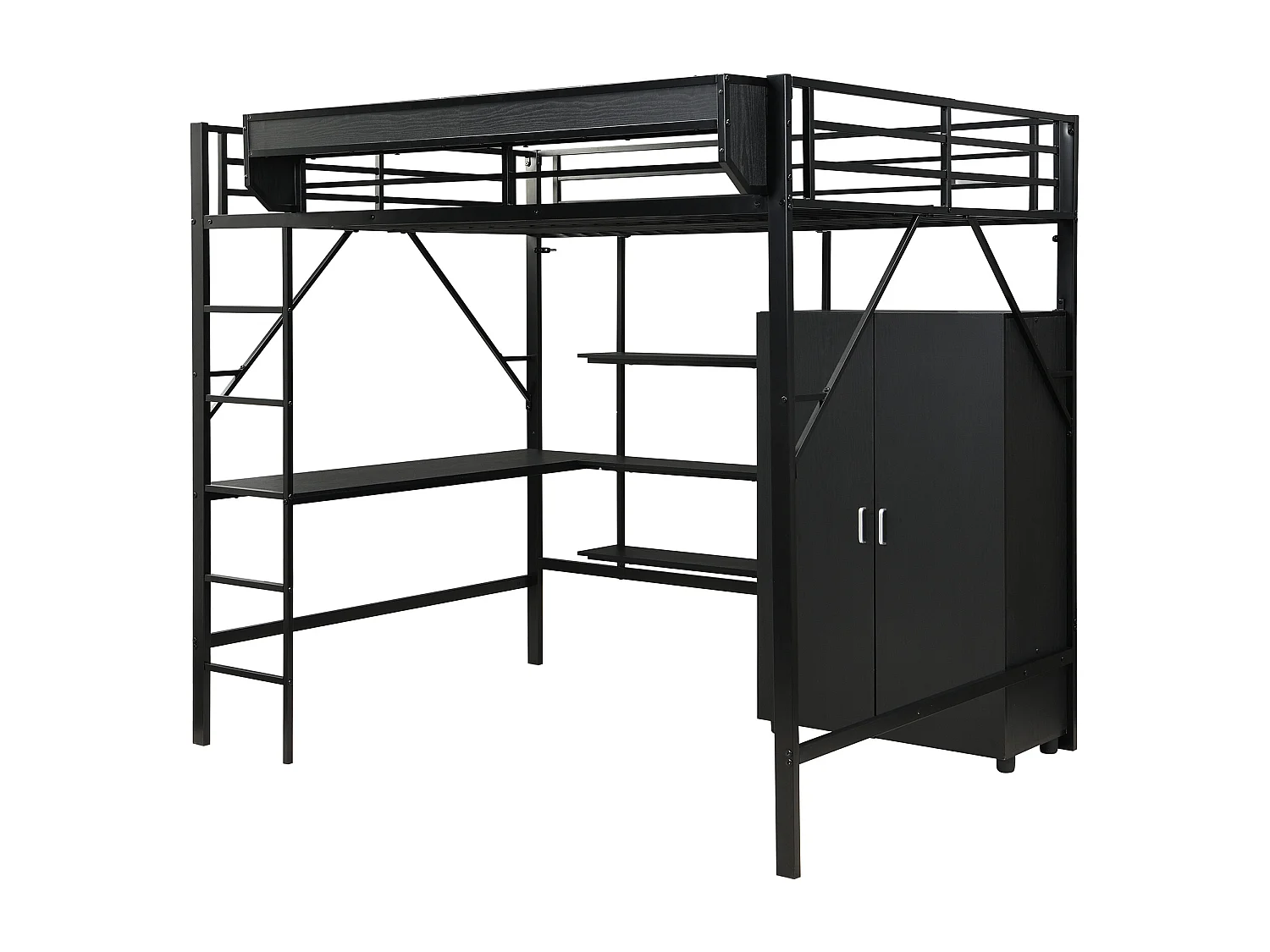 Lit mezzanine140x200 cm avec bureau et armoire - MDF + métal noir