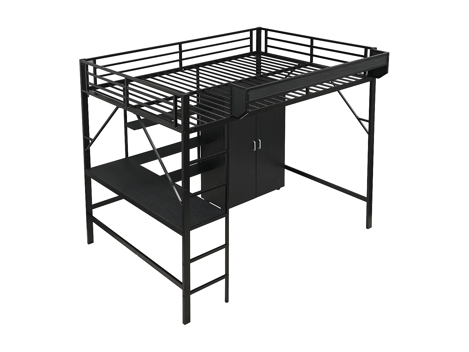 Lit mezzanine140x200 cm avec bureau et armoire - MDF + métal noir