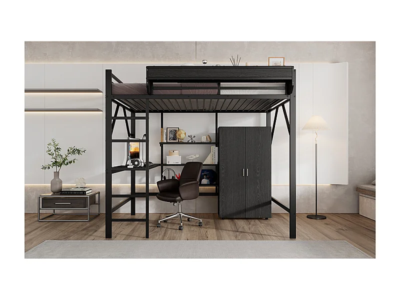 Lit mezzanine140x200 cm avec bureau et armoire - MDF + métal noir
