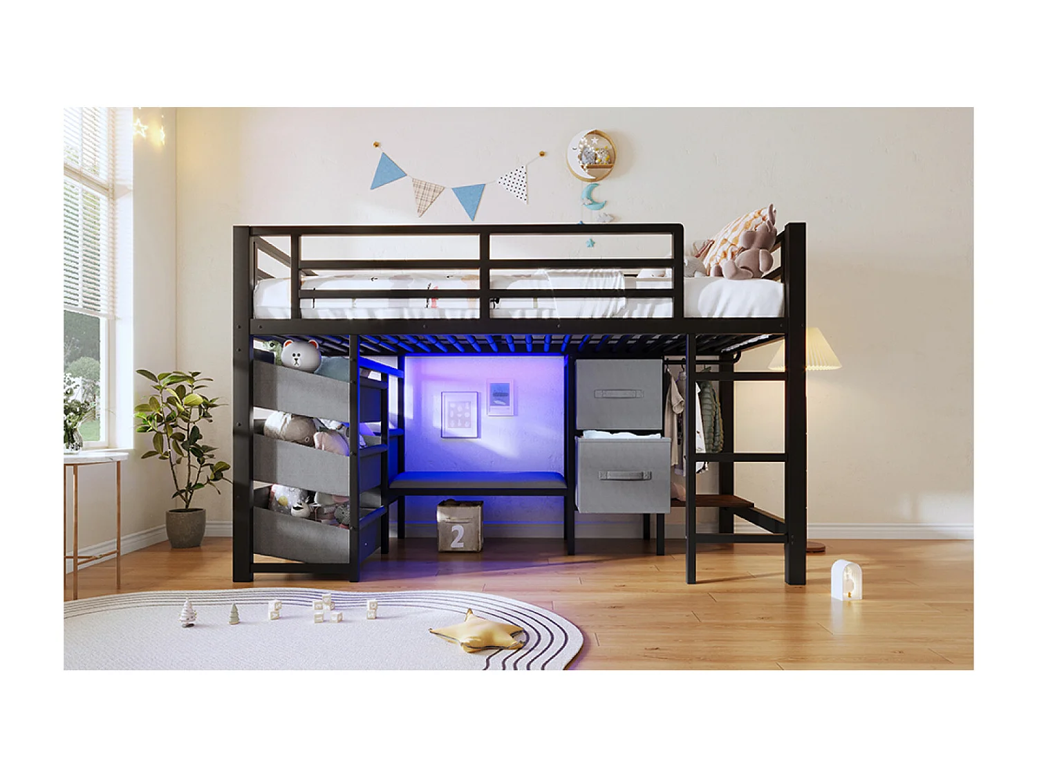 Lit mi-hauteur 90 x 200 cm avec coussin d'assise, tiroir en tissu et LED - Structure en métal - Noir