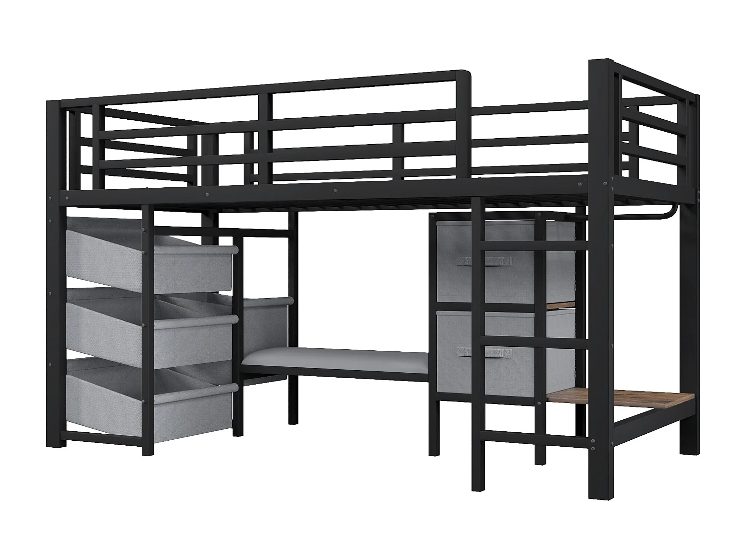 Lit mi-hauteur 90 x 200 cm avec coussin d'assise, tiroir en tissu et LED - Structure en métal - Noir