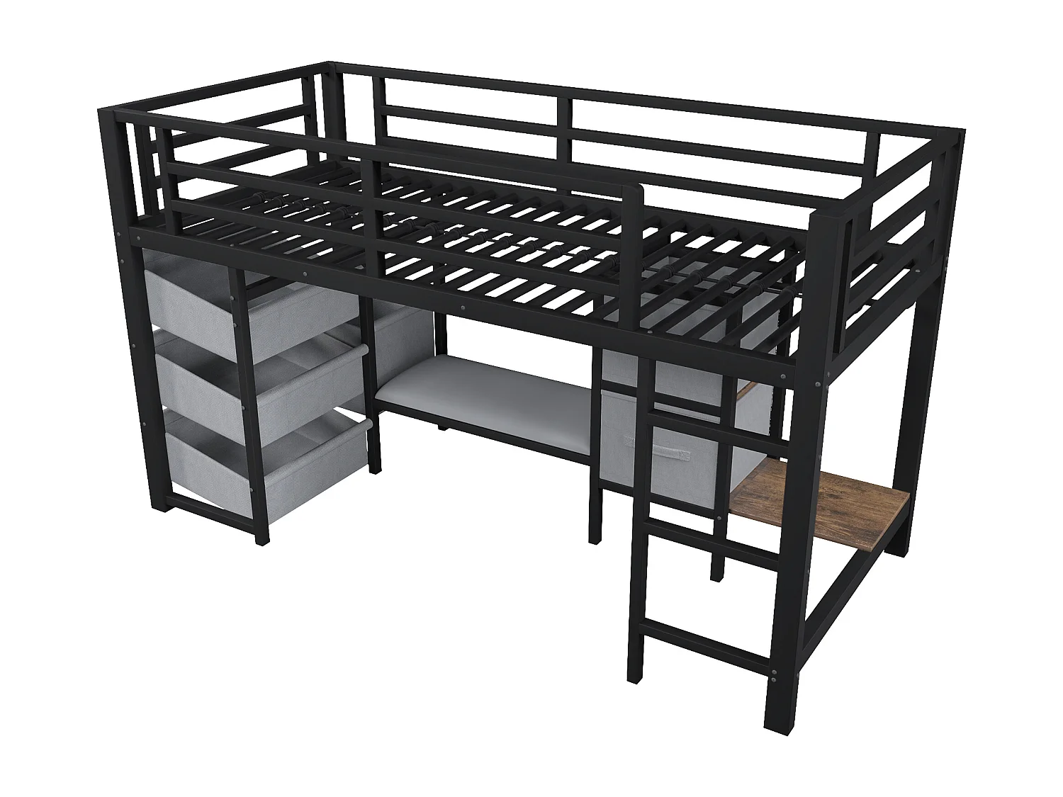 Lit mi-hauteur 90 x 200 cm avec coussin d'assise, tiroir en tissu et LED - Structure en métal - Noir