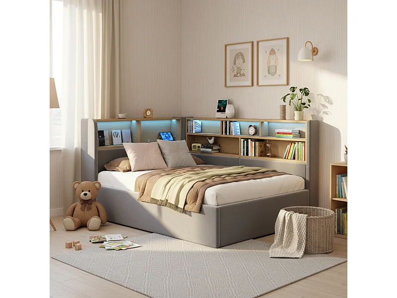 Lit coffre simple 90x200 cm avec LED et ports USB/Type-C - Velours gris