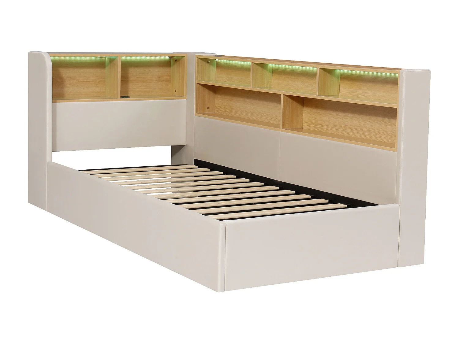 Lit coffre simple 90x200 cm avec LED et ports USB/Type-C - Velours beige