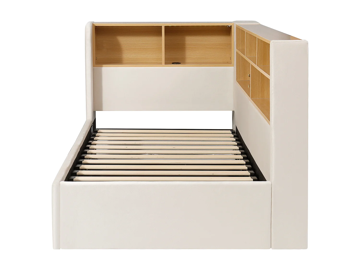 Lit coffre simple 90x200 cm avec LED et ports USB/Type-C - Velours beige