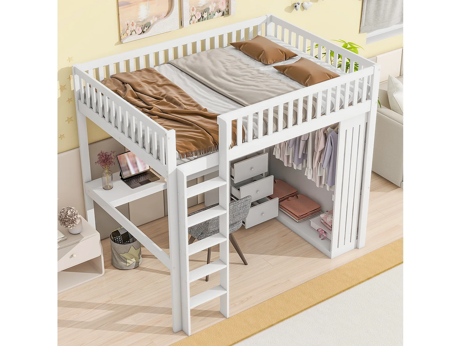 Lit mezzanine enfant 140x200 cm avec bureau, 3 tiroirs et armoire vêtement - Blanc