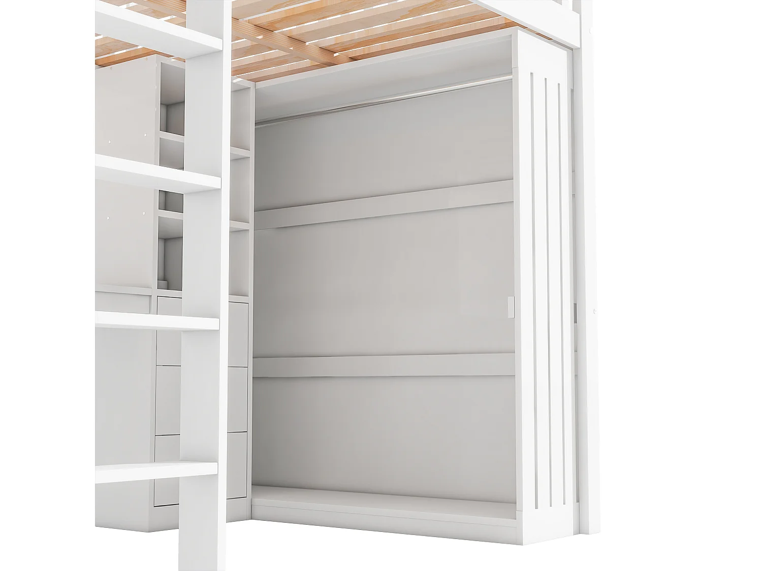 Lit mezzanine enfant 140x200 cm avec bureau, 3 tiroirs et armoire vêtement - Blanc