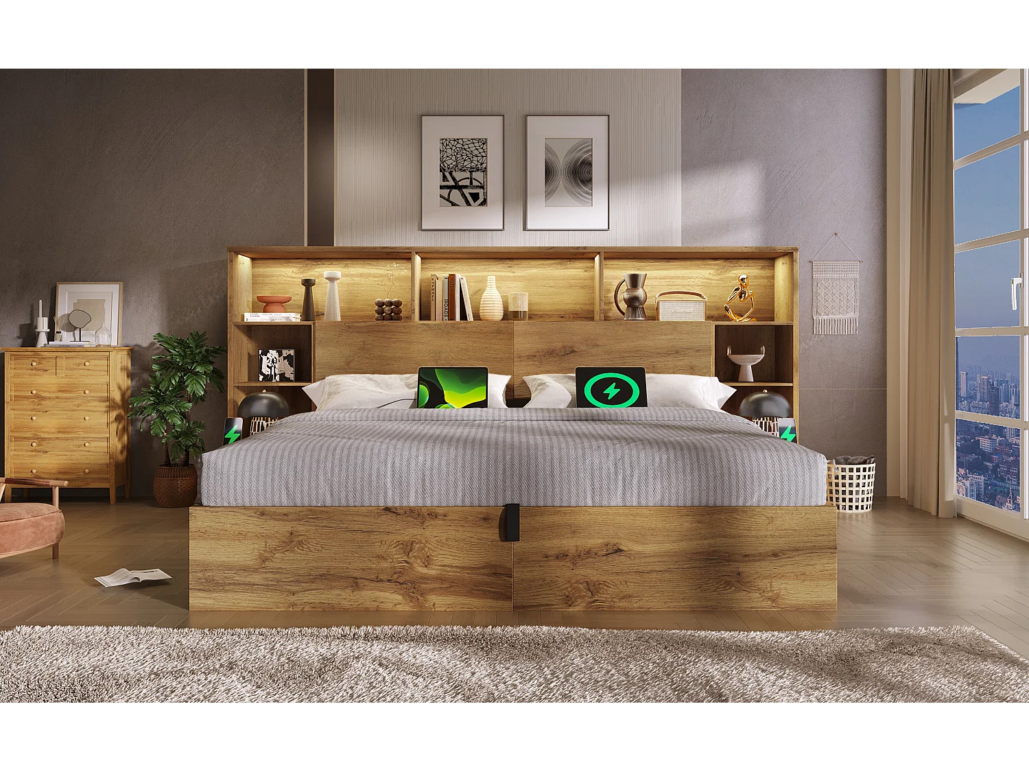 Lit double coffre 180x200 cm avec tables de chevet intégrées ,LED, ports USB/Type-C - Couleur bois