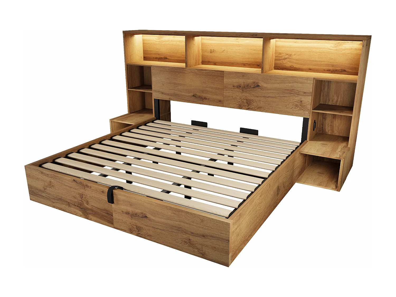Lit double coffre 180x200 cm avec tables de chevet intégrées ,LED, ports USB/Type-C - Couleur bois