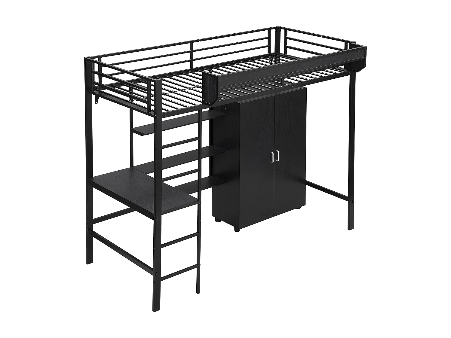 Lit mezzanine 90x200 cm avec bureau et armoire - MDF + métal noir