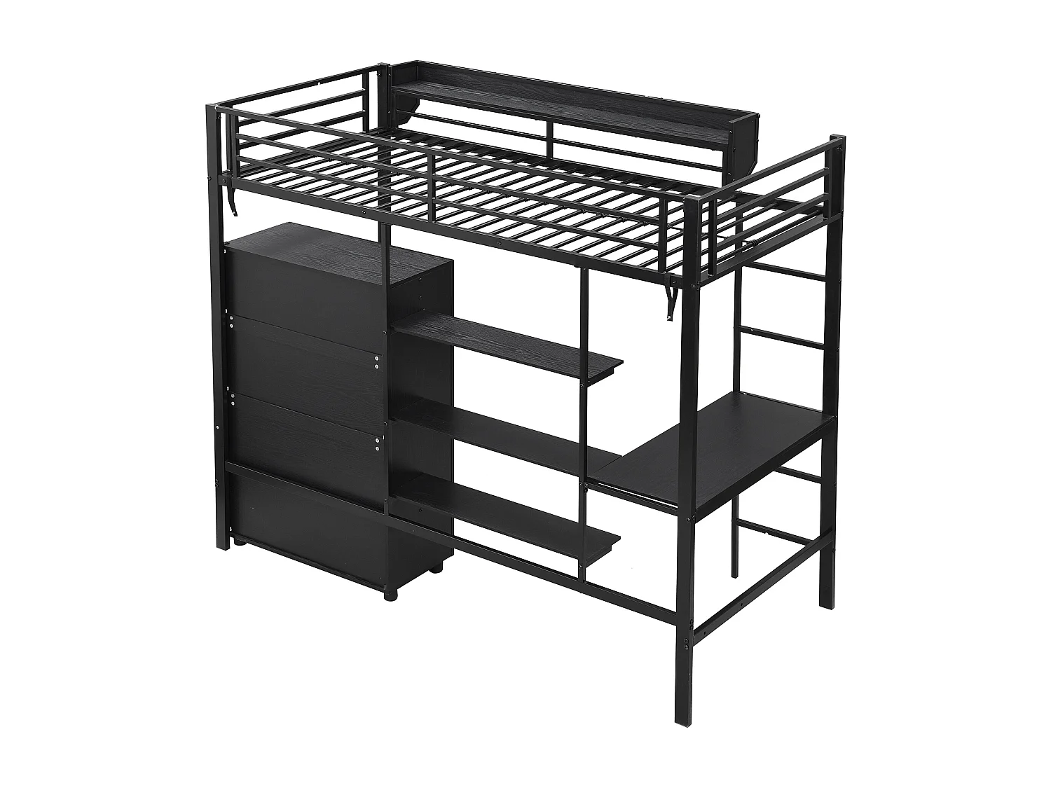 Lit mezzanine 90x200 cm avec bureau et armoire - MDF + métal noir