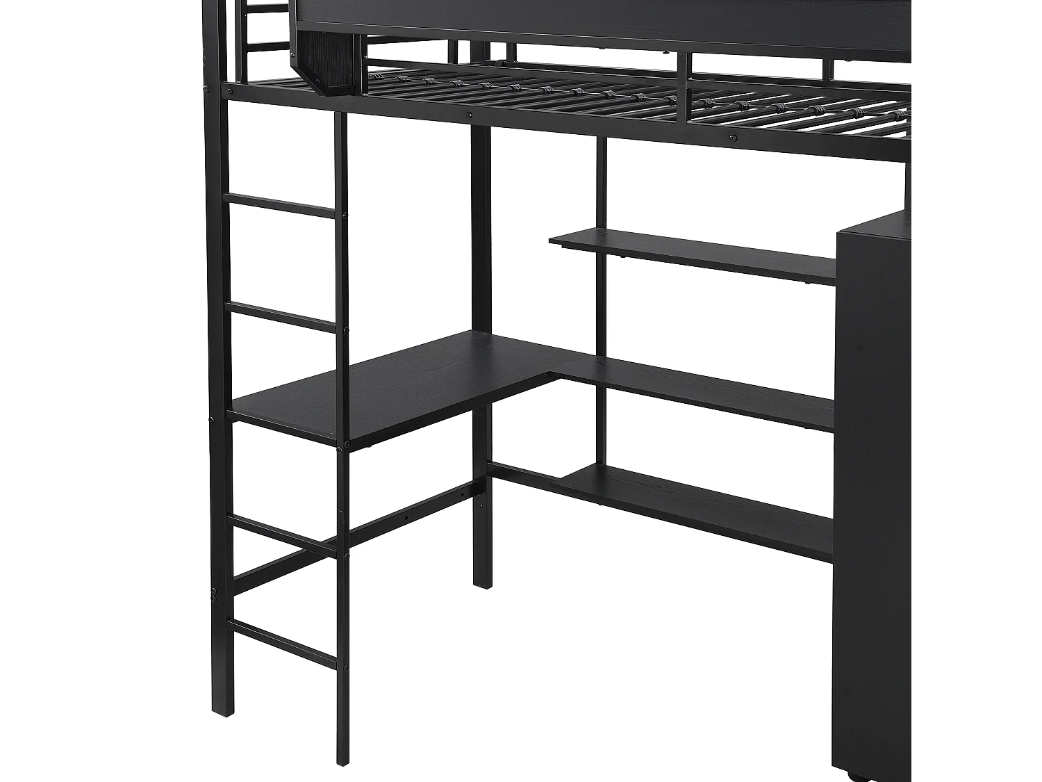 Lit mezzanine 90x200 cm avec bureau et armoire - MDF + métal noir