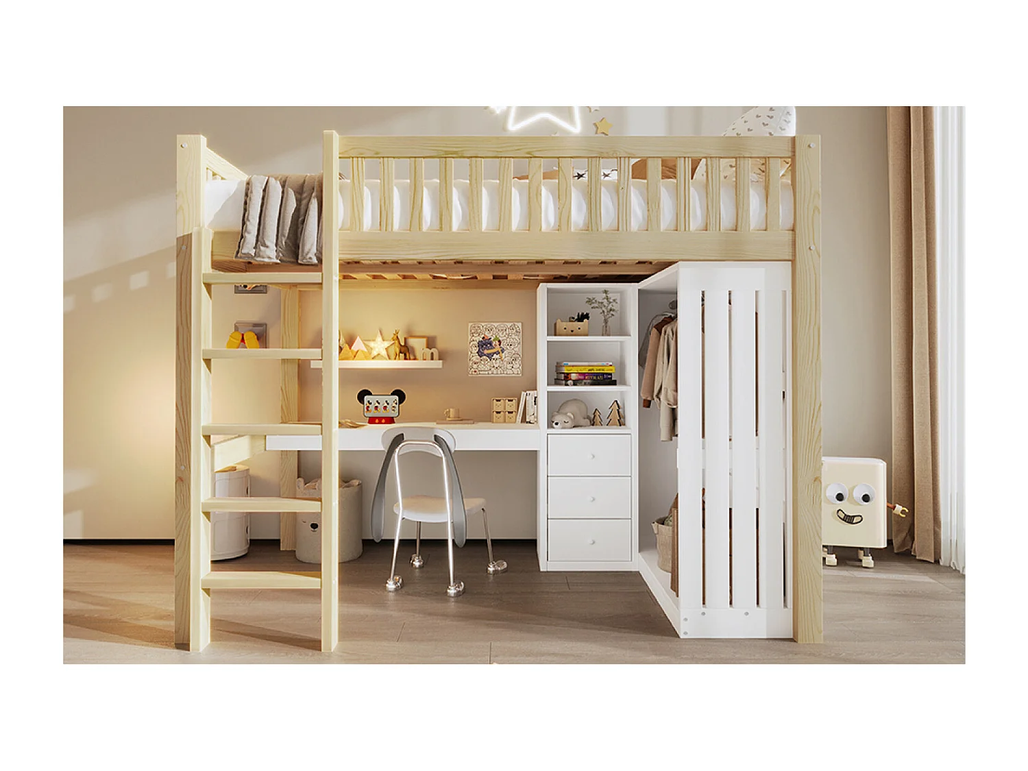Lit mezzanine enfant 140x200 cm avec bureau, 3 tiroirs et armoire vêtement - Blanc et naturel clair
