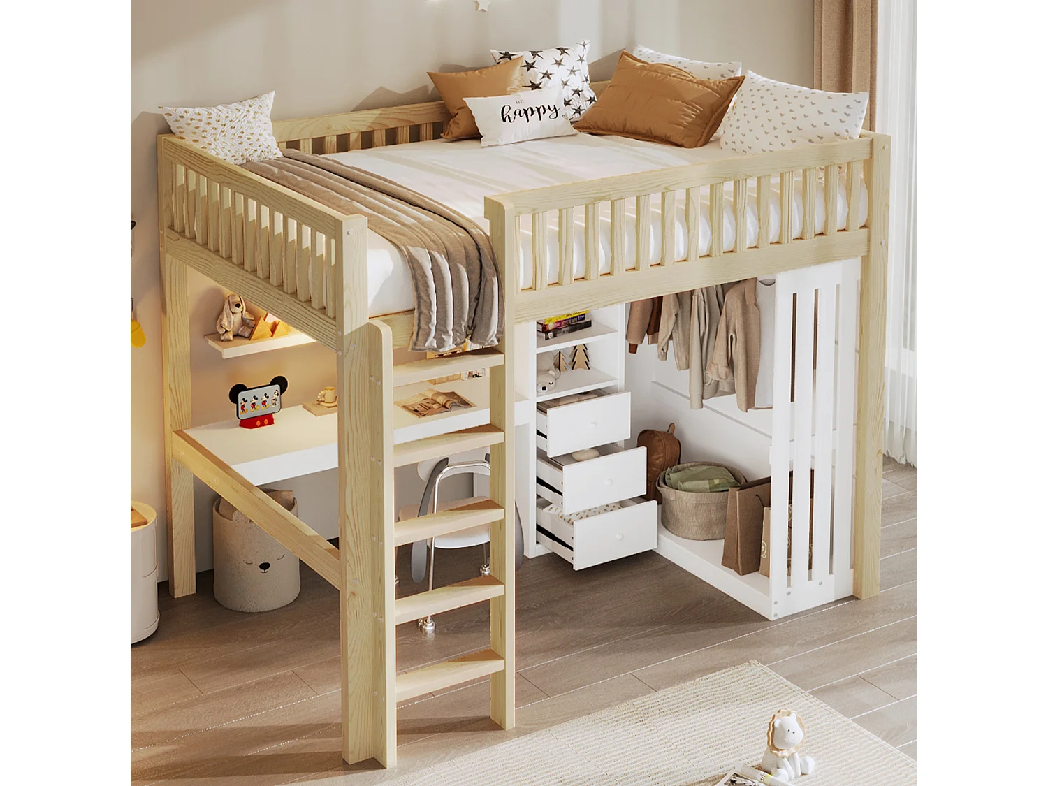 Lit mezzanine enfant 140x200 cm avec bureau, 3 tiroirs et armoire vêtement - Blanc et naturel clair