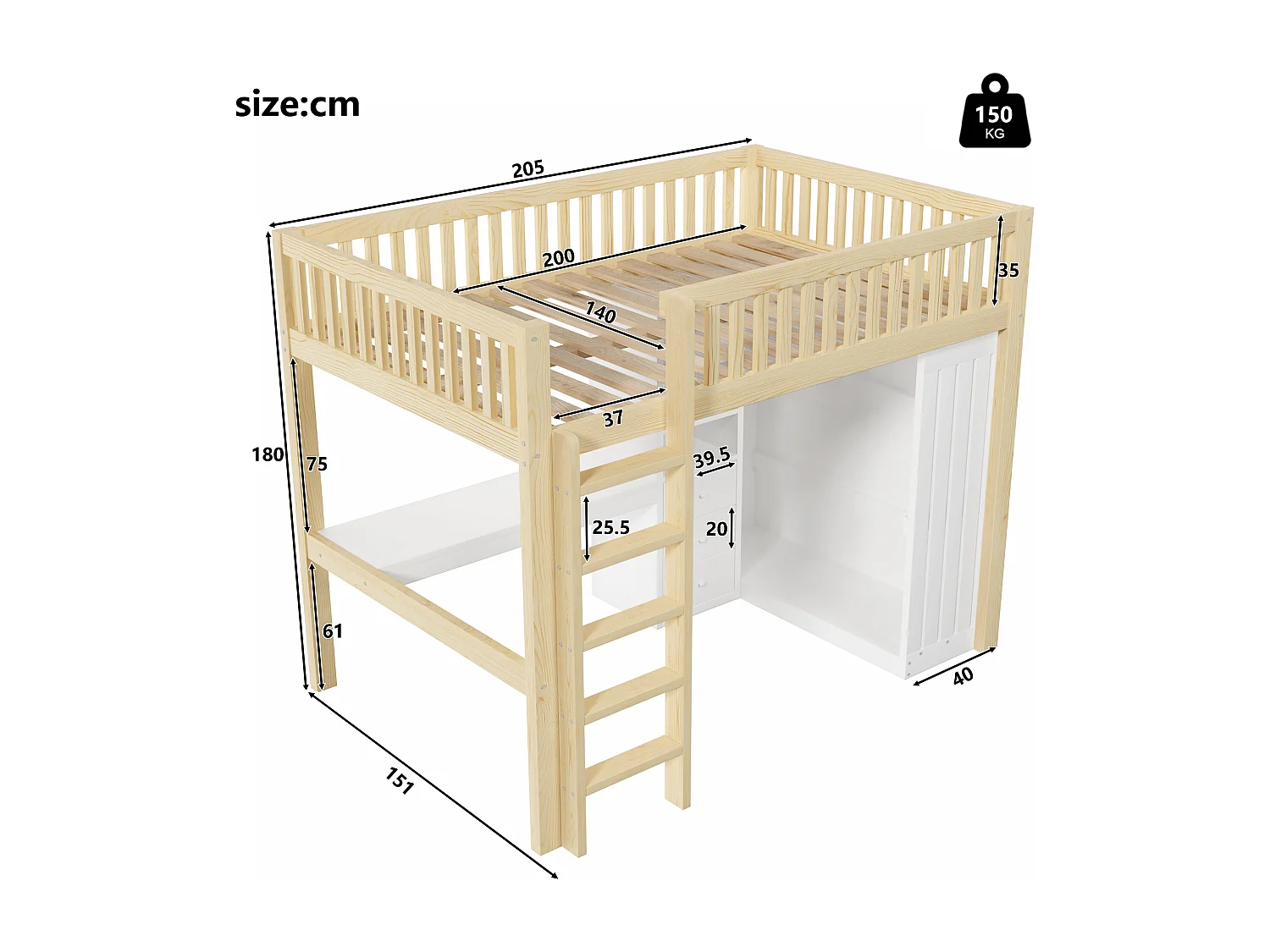 Lit mezzanine enfant 140x200 cm avec bureau, 3 tiroirs et armoire vêtement - Blanc et naturel clair