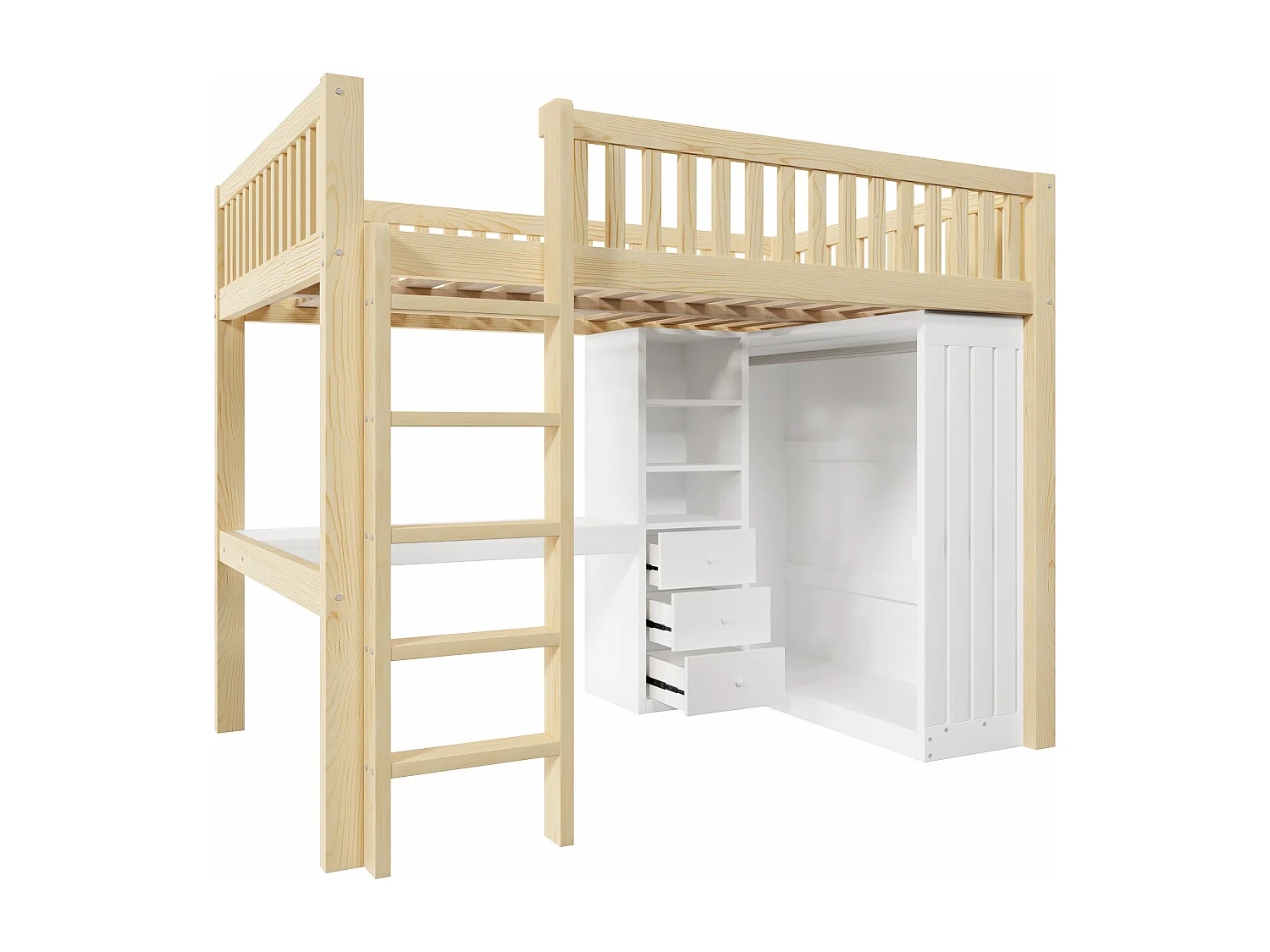 Lit mezzanine enfant 140x200 cm avec bureau, 3 tiroirs et armoire vêtement - Blanc et naturel clair