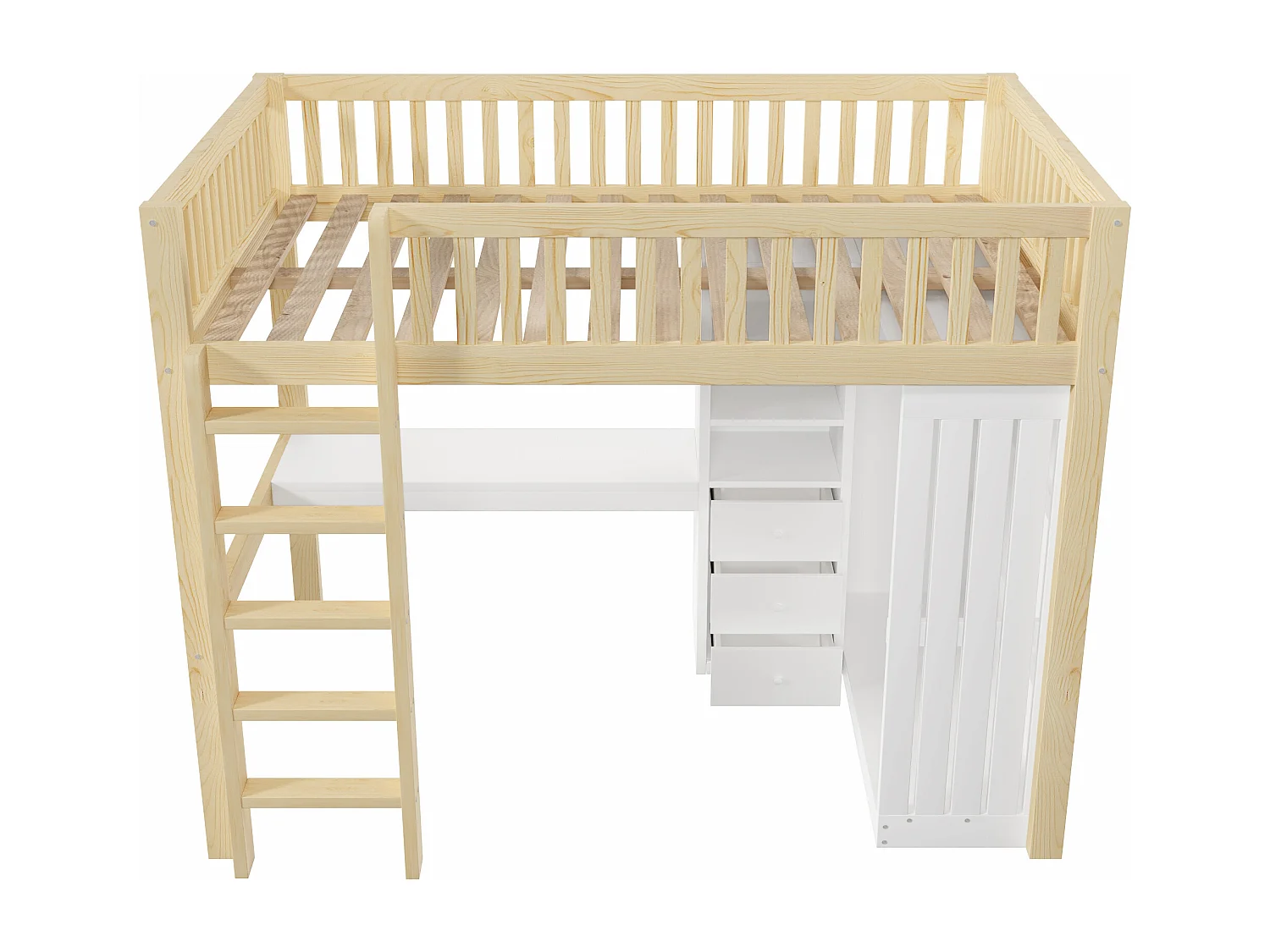 Lit mezzanine enfant 140x200 cm avec bureau, 3 tiroirs et armoire vêtement - Blanc et naturel clair