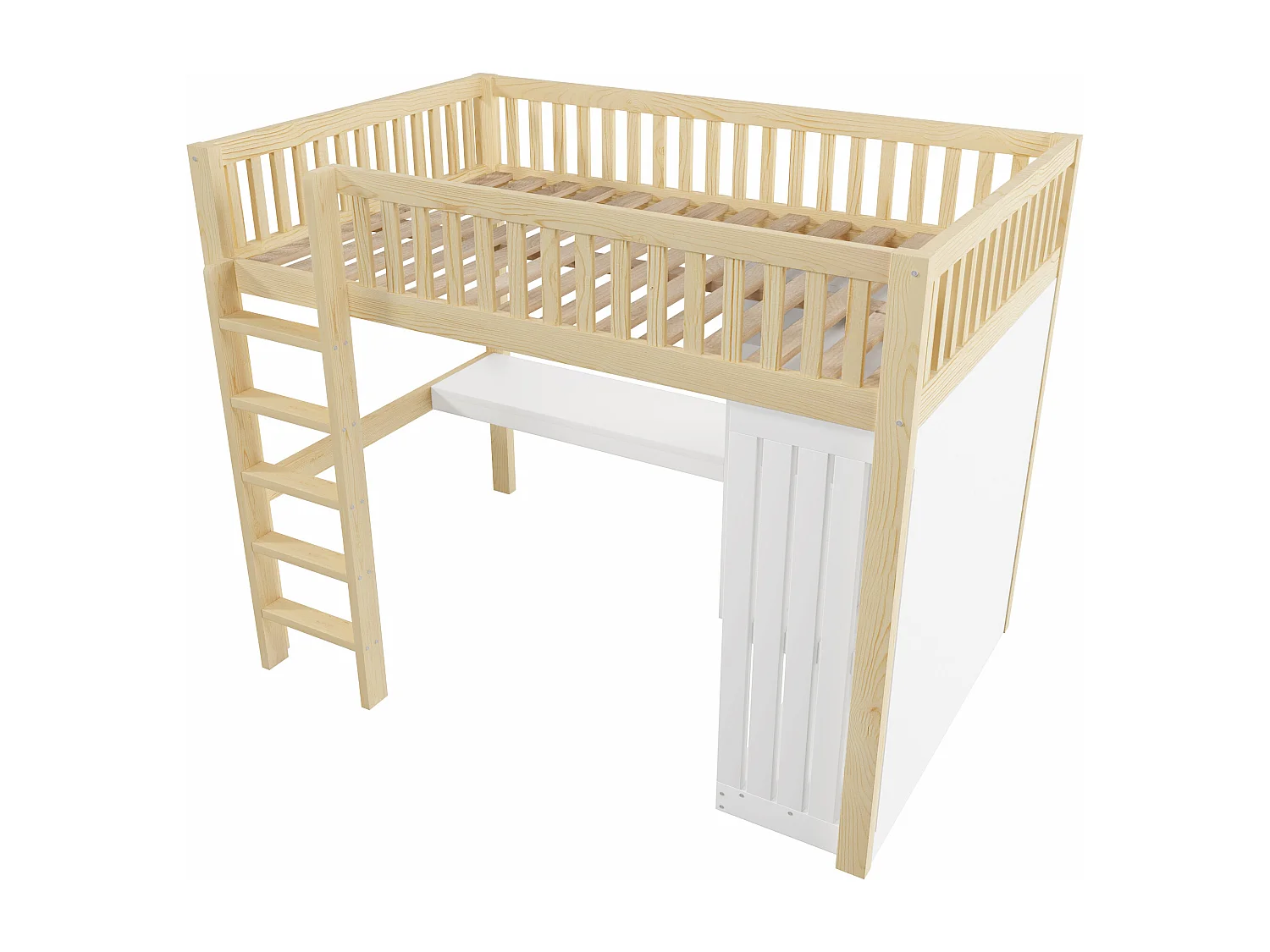 Lit mezzanine enfant 140x200 cm avec bureau, 3 tiroirs et armoire vêtement - Blanc et naturel clair