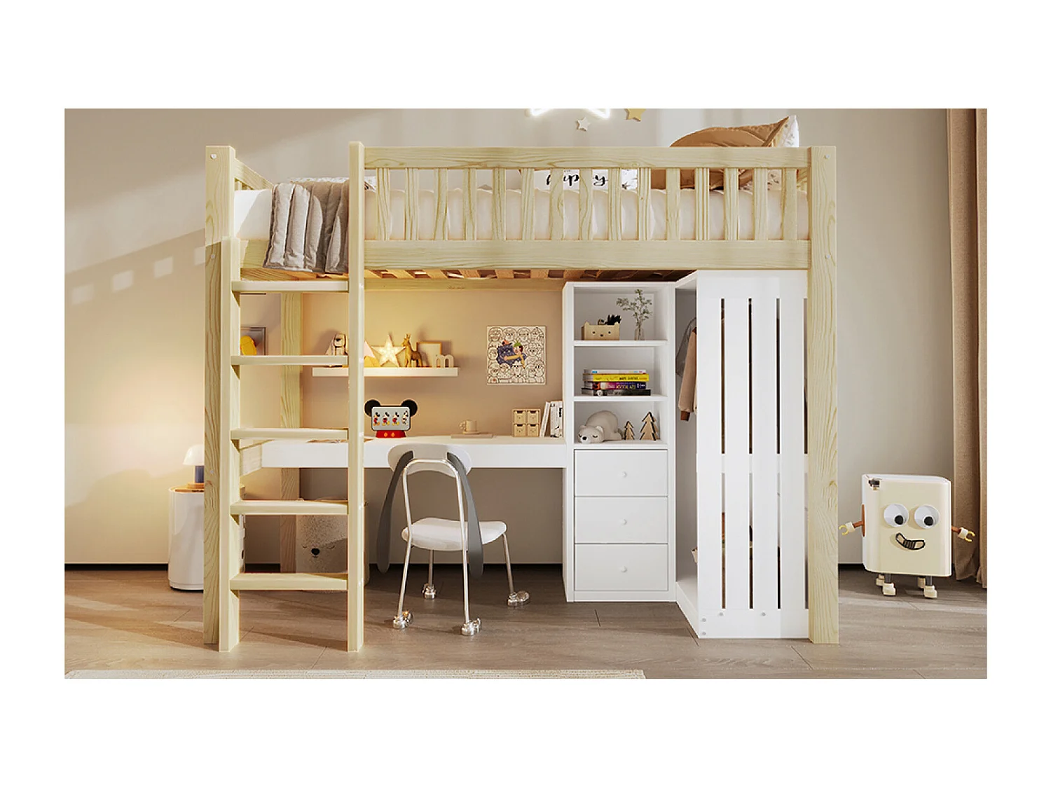 Lit mezzanine 90x200 cm avec bureau, 3 tiroirs et armoire vêtement - Blanc et naturel clair