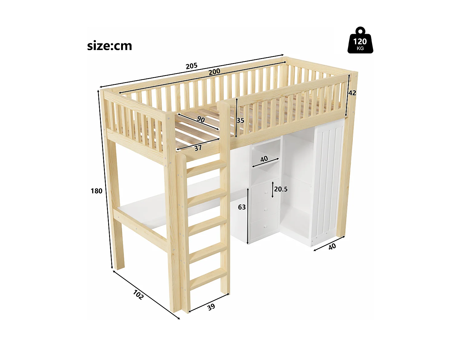 Lit mezzanine 90x200 cm avec bureau, 3 tiroirs et armoire vêtement - Blanc et naturel clair