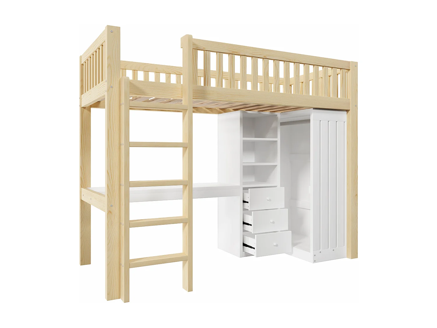 Lit mezzanine 90x200 cm avec bureau, 3 tiroirs et armoire vêtement - Blanc et naturel clair