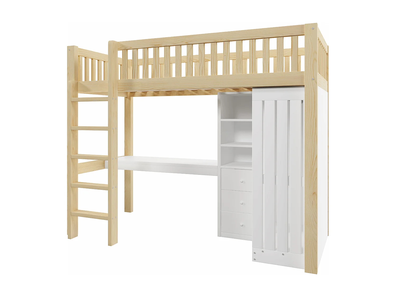 Lit mezzanine 90x200 cm avec bureau, 3 tiroirs et armoire vêtement - Blanc et naturel clair